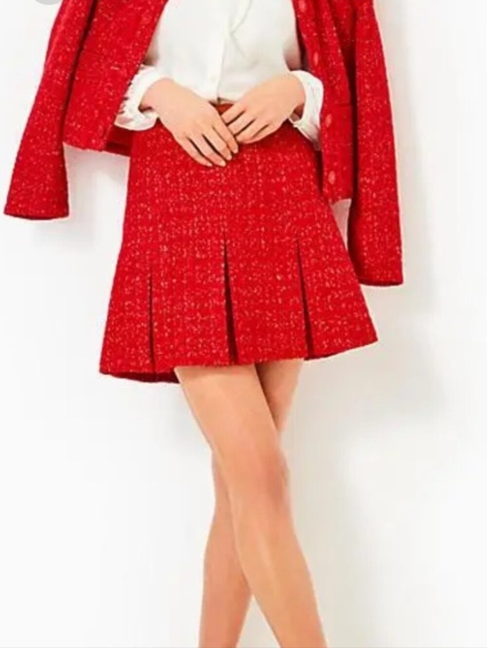 Lilly Pulitzer Cammi Red Tweed Pleated Mini Skirt Gold Metallic Size 12